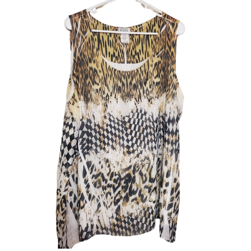 Women's large Keren Hart Blouse with cheetah, leopard, and checkard print